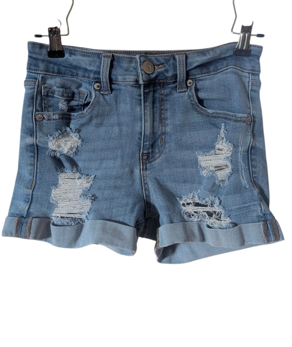 Aeropostale High Rise Midi Distressed Cuffed Denim Shorts Size 0